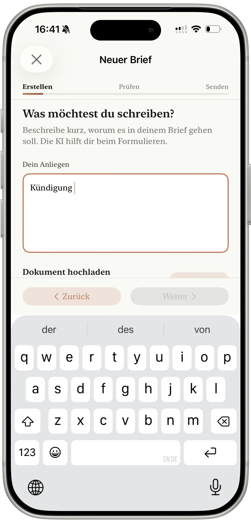 FrankKi App, KI-Eingabe zum Formulieren eines Briefs
