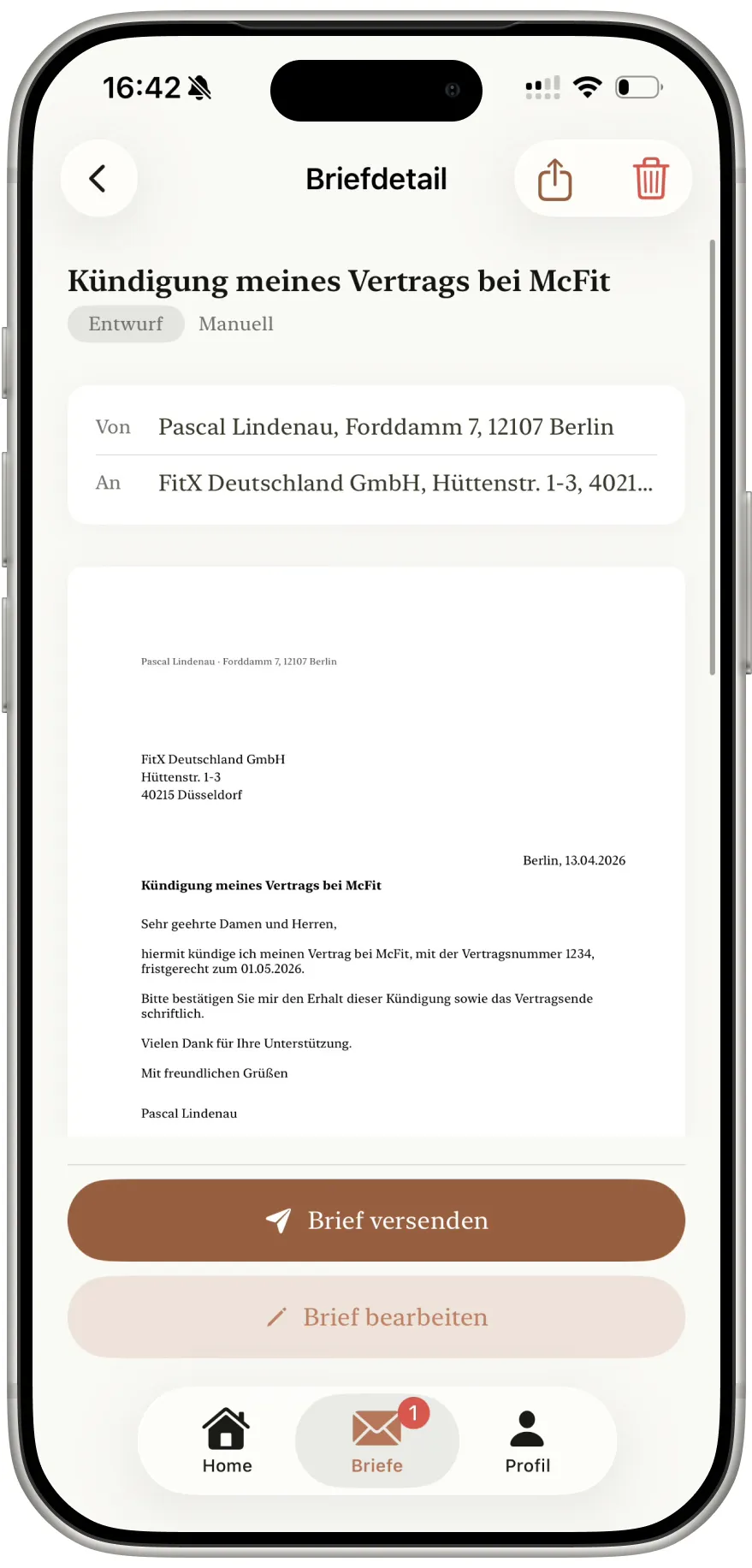 FrankKI App — Briefvorschau einer Kündigung im DIN 5008 Format