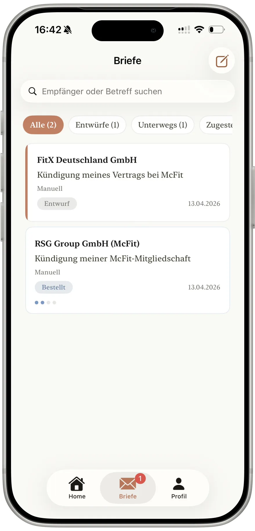FrankKi App, Übersicht aller Briefe mit Status