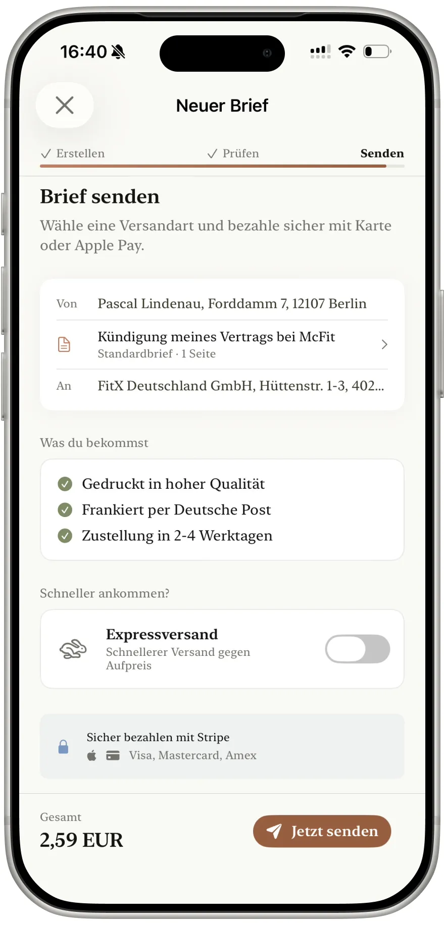 FrankKi App, Versandbildschirm zum Aufgeben des Briefs
