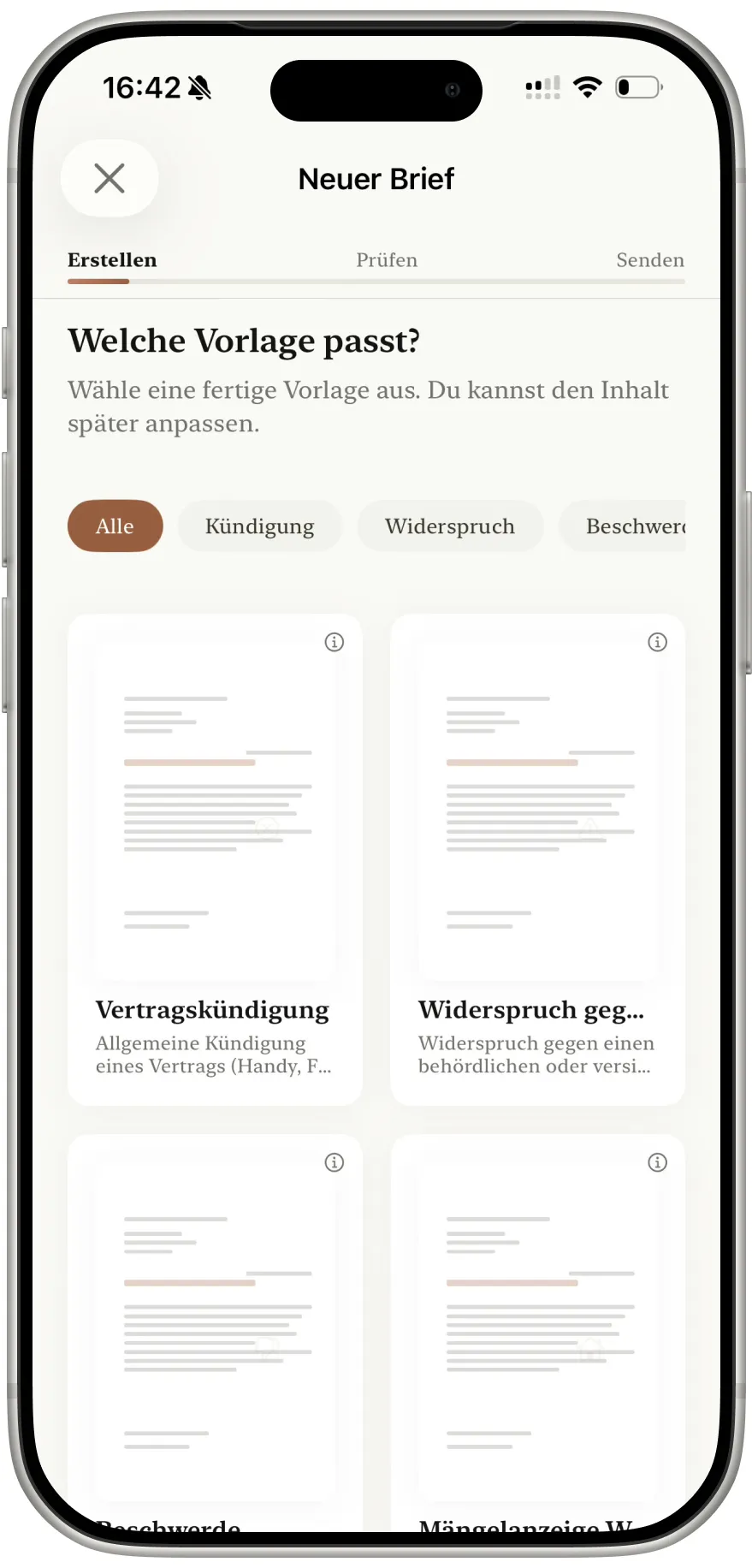 FrankKi App, Auswahl an Briefvorlagen